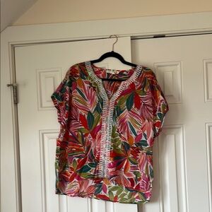 Red and Green Boxy Blouse with Bib Collar